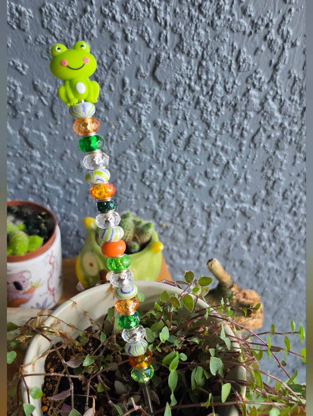 Handmade  Beaded Plant Stake - Lime Green, Orange, Frog Topper.